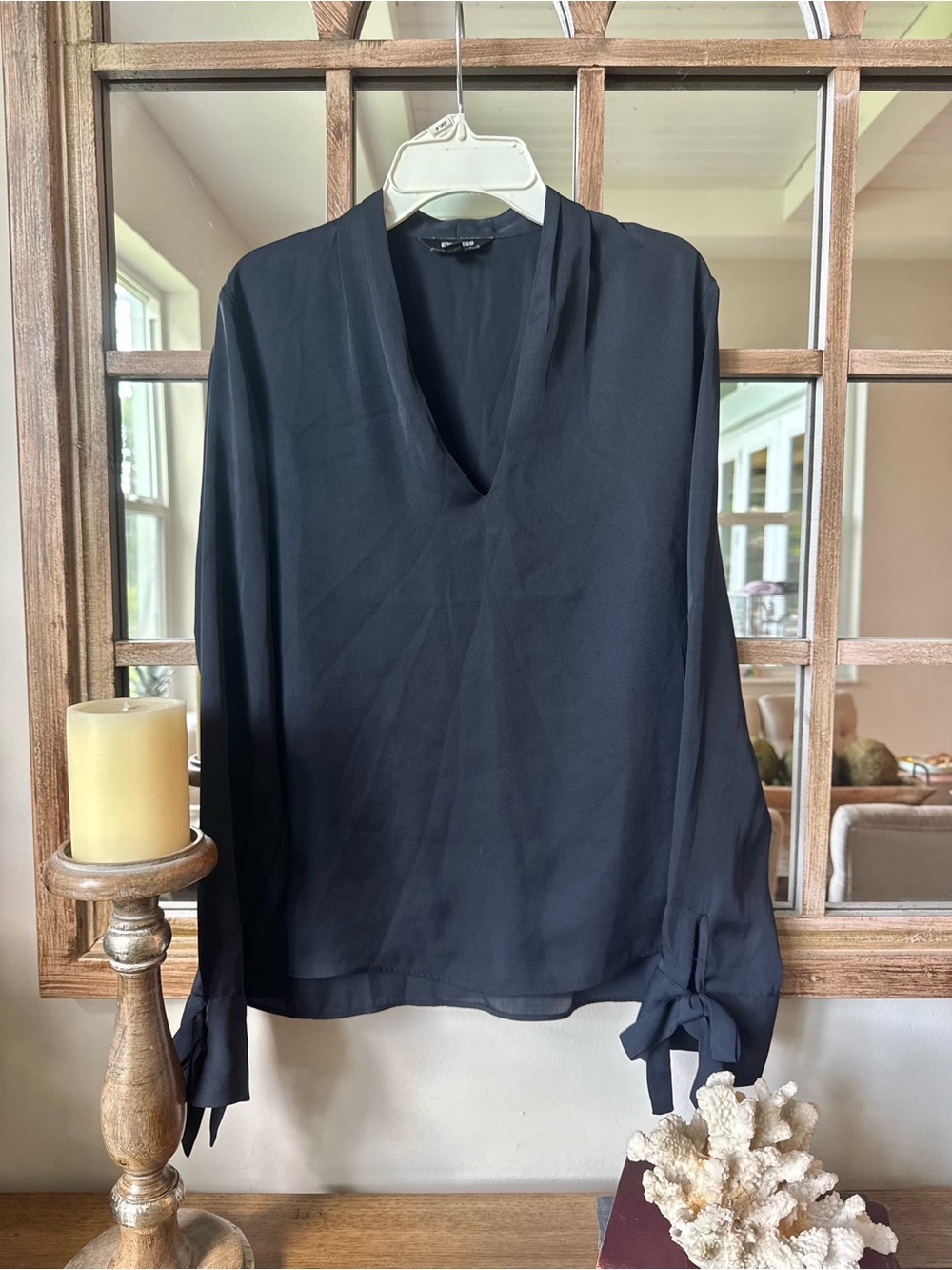 Lightweight Navy V-Neck Tie-Cuff Blouse